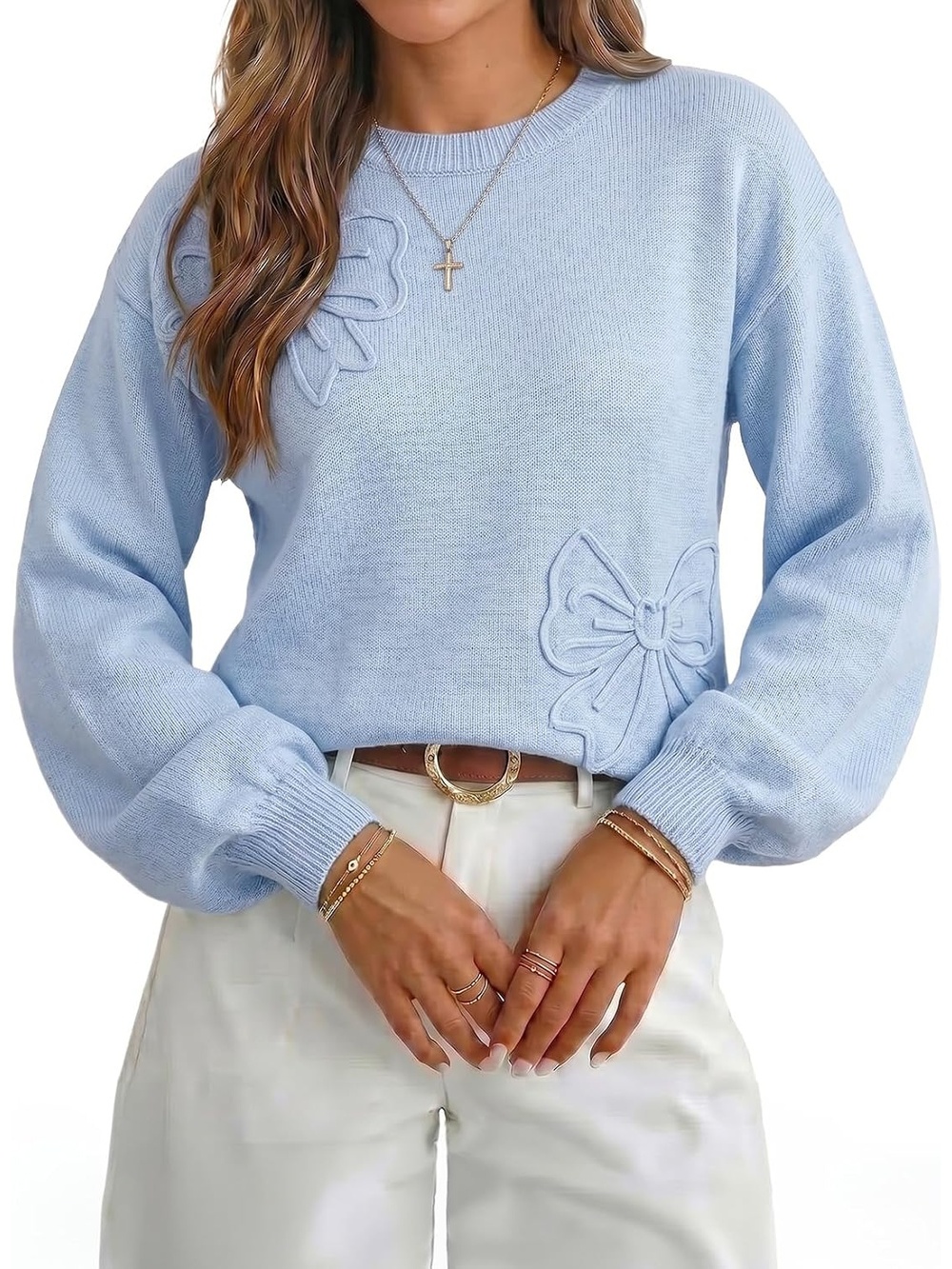 🆕Women's Beau Blue Floral Lantern Sleeve Crewneck Cozy Knit Pullover Sweater